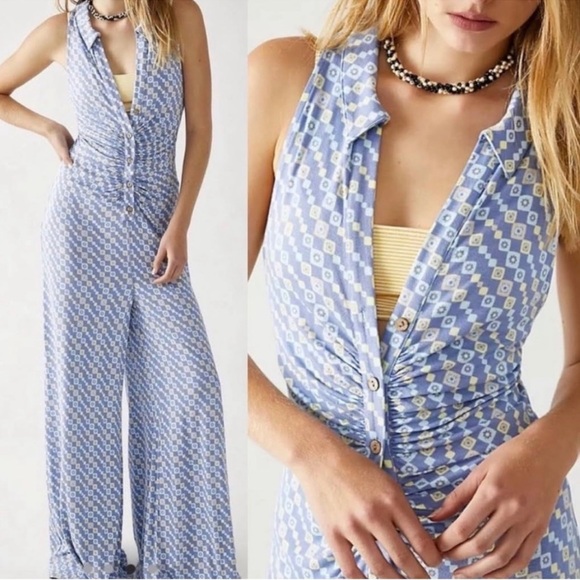 Free People Shayla Halter Jumpsuit Printed Sky Blue